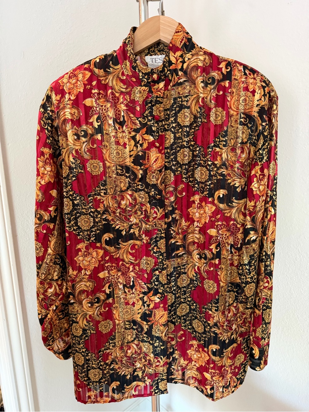Vintage TESS Baroque-Print Women's Blouse in Red & Black